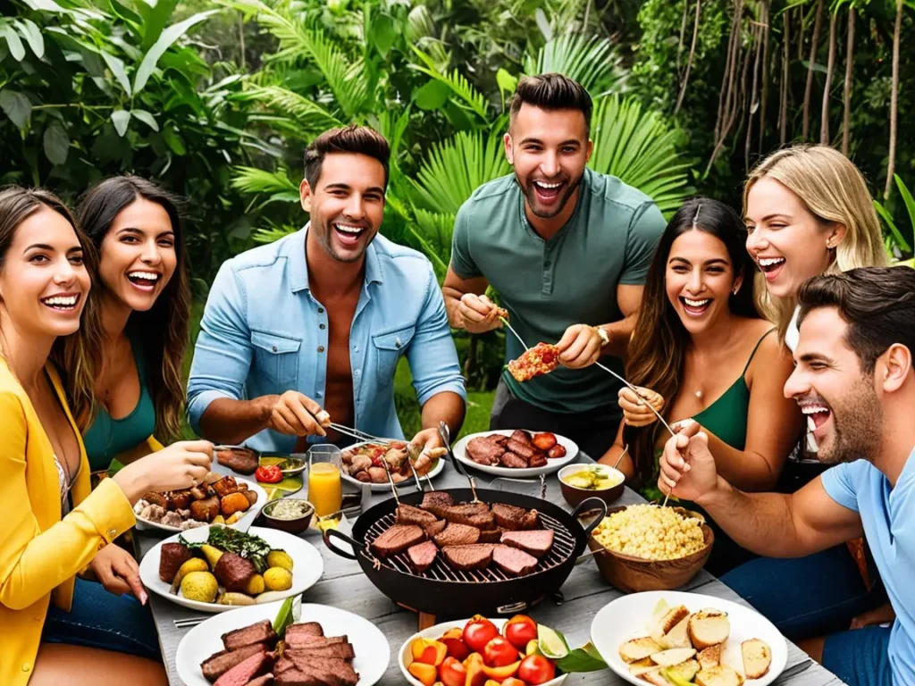 A group of friends enjoying a Brazilian churrasco feast outdoors