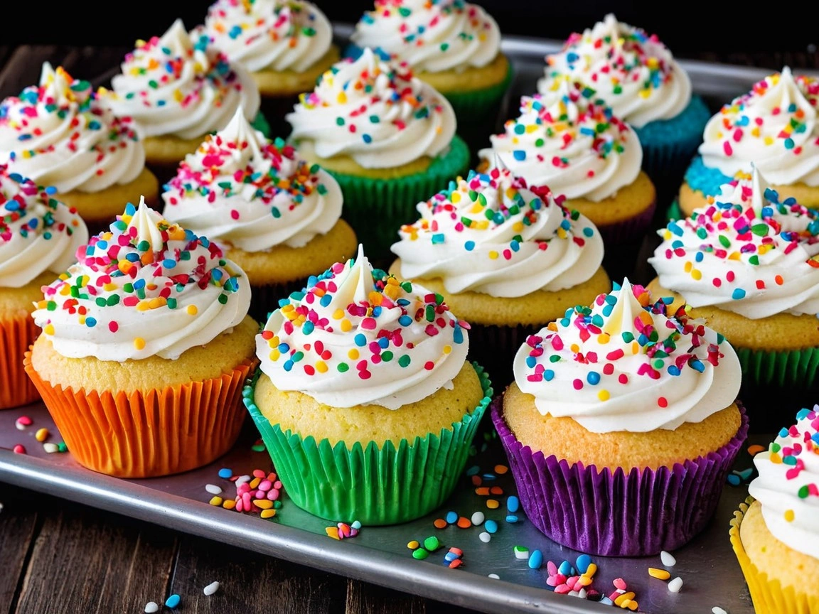 A tray of colorful sprinkle cupcakes with fluffy vanilla frosting