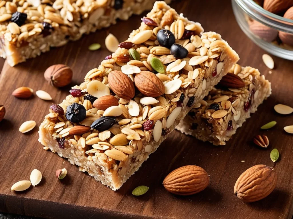 Homemade granola bars with nuts, seeds, and a drizzle of honey on a parchment-lined tray