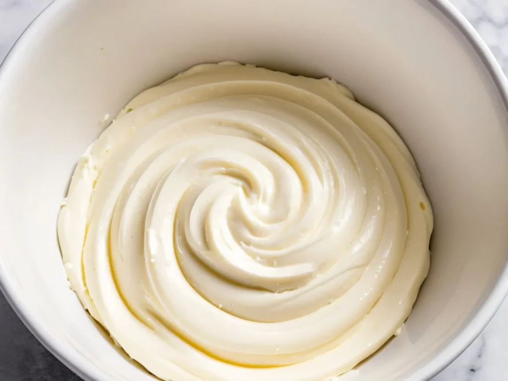 A bowl of smooth, creamy Philadelphia cream cheese frosting ready to be spread