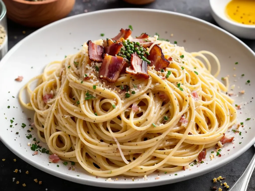 A bowl of spaghetti carbonara with a glossy sauce, bacon bits, and a sprinkle of black pepper