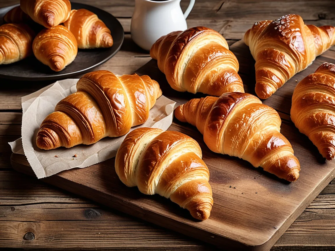 Freshly baked pastries displayed on a rustic wooden table, including croissants and danishes