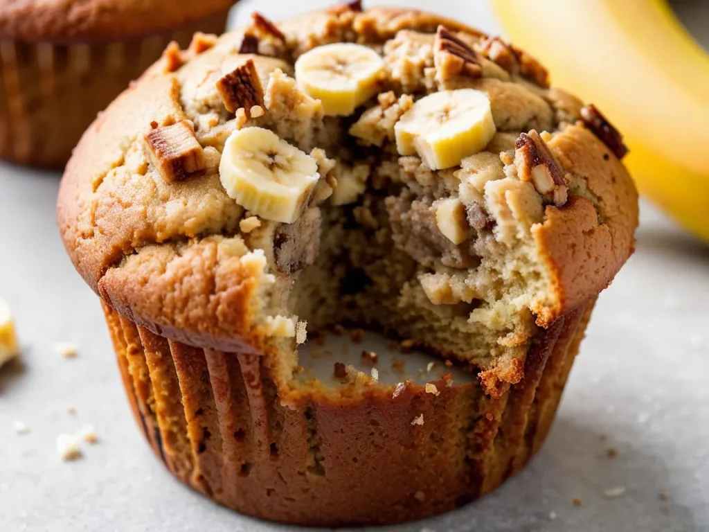 Close-up of a banana muffin with visible banana chunks inside