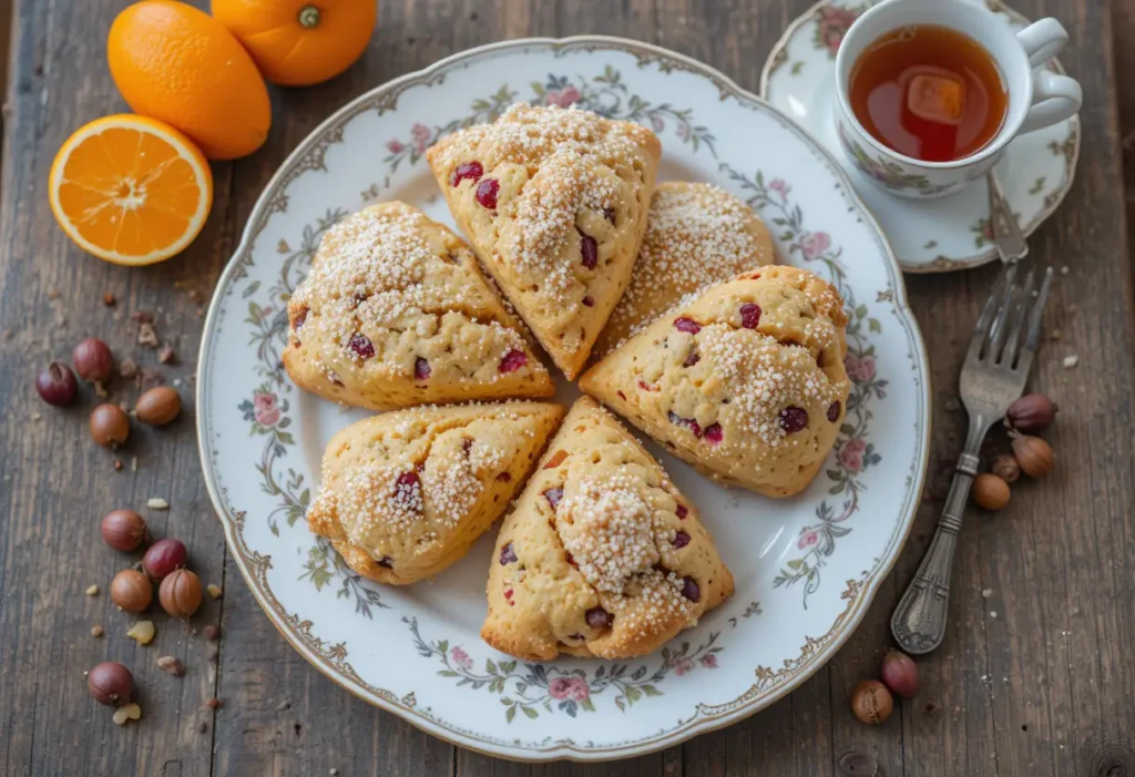 A plate of orange cranberry scones served with a cup of tea on a rustic wooden table