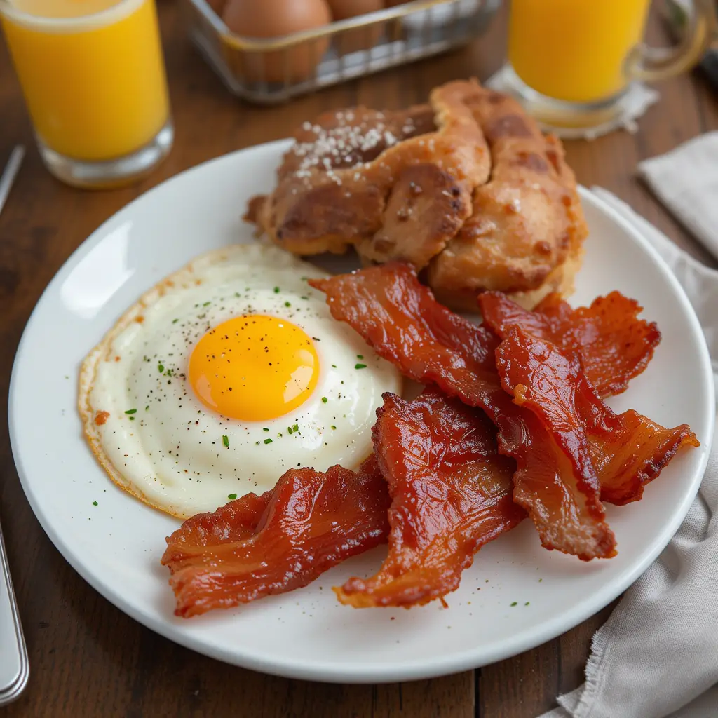 A plate of crispy air-fried bacon served with eggs and toast