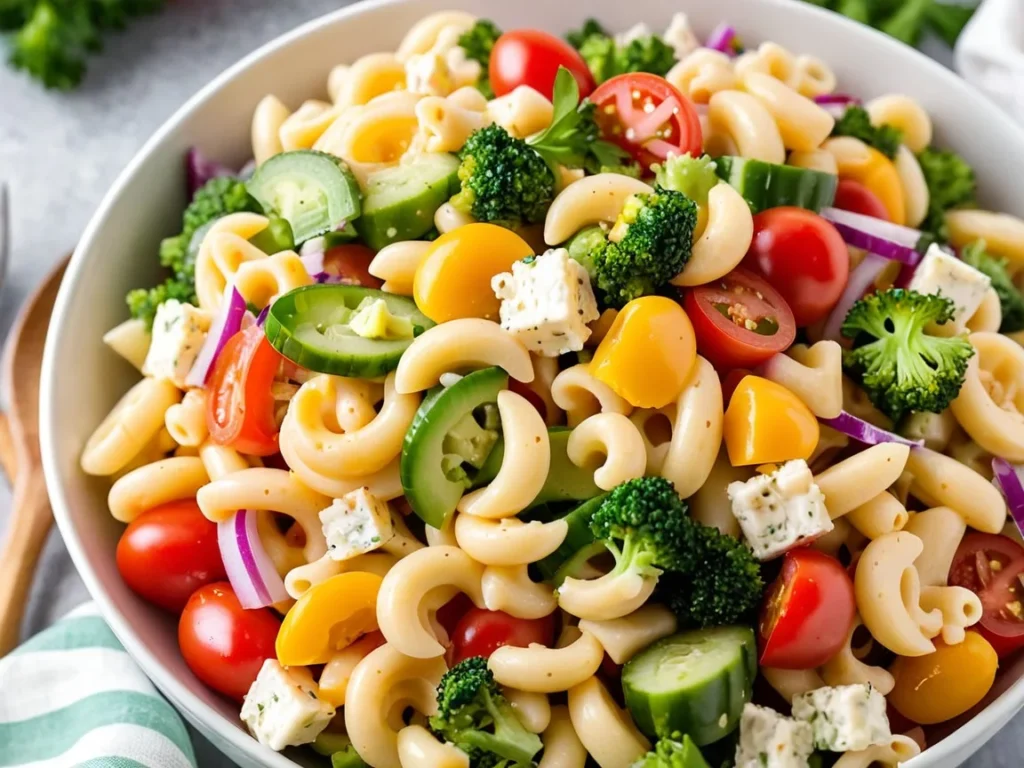 Close-up of macaroni salad with colorful veggies and a tangy dressing