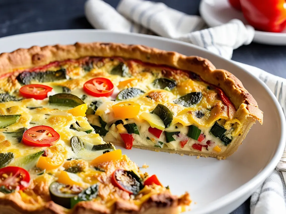 A whole crustless quiche filled with colorful vegetables like bell peppers and onions