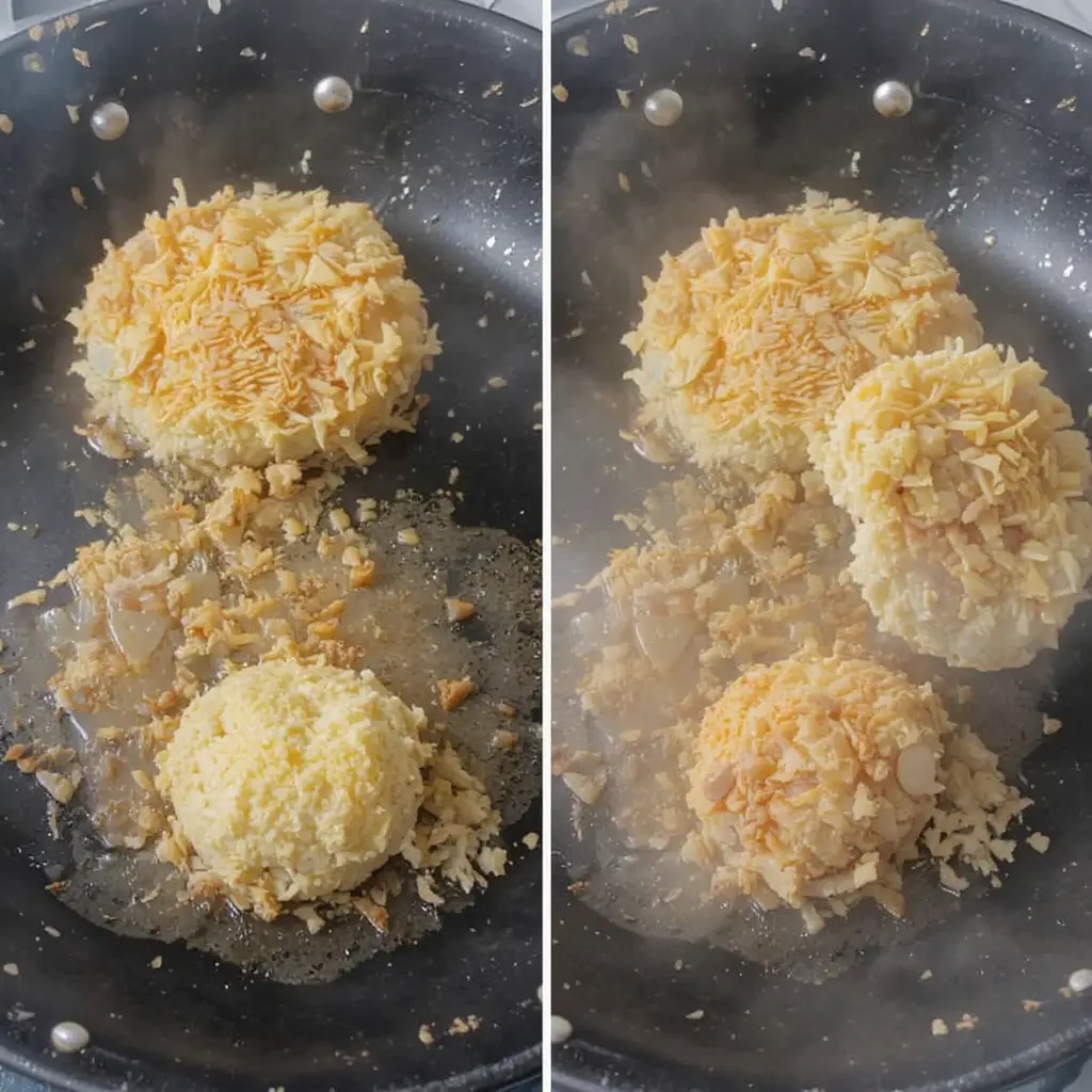 Hash browns being shaped into patties and frying in a pan