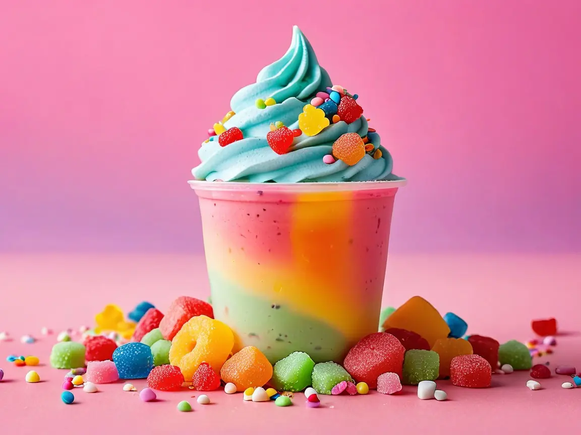 Rainbow frozen yogurt with candy toppings like sprinkles and gummy bears