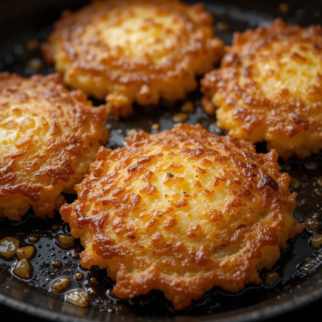 Close-up of golden, crispy hash browns cooking in a skillet