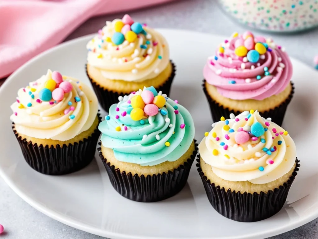 Mini sprinkle cupcakes on a white plate, decorated with pastel frosting and sprinkles