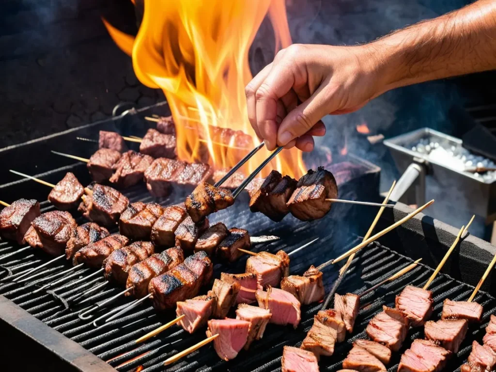 A churrasqueiro chef rotating skewers of meat over a charcoal grill