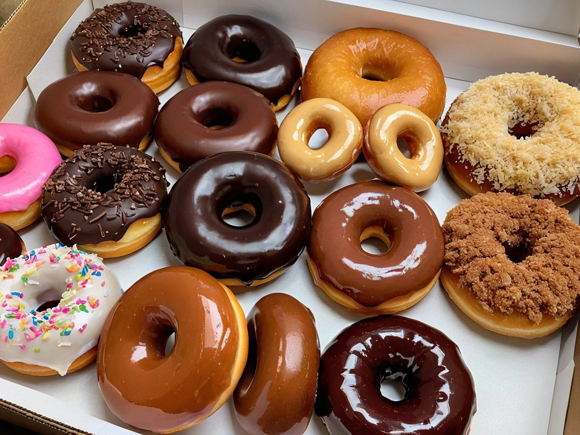 A selection of LaMar’s Donuts, including glazed, chocolate, and filled varieties