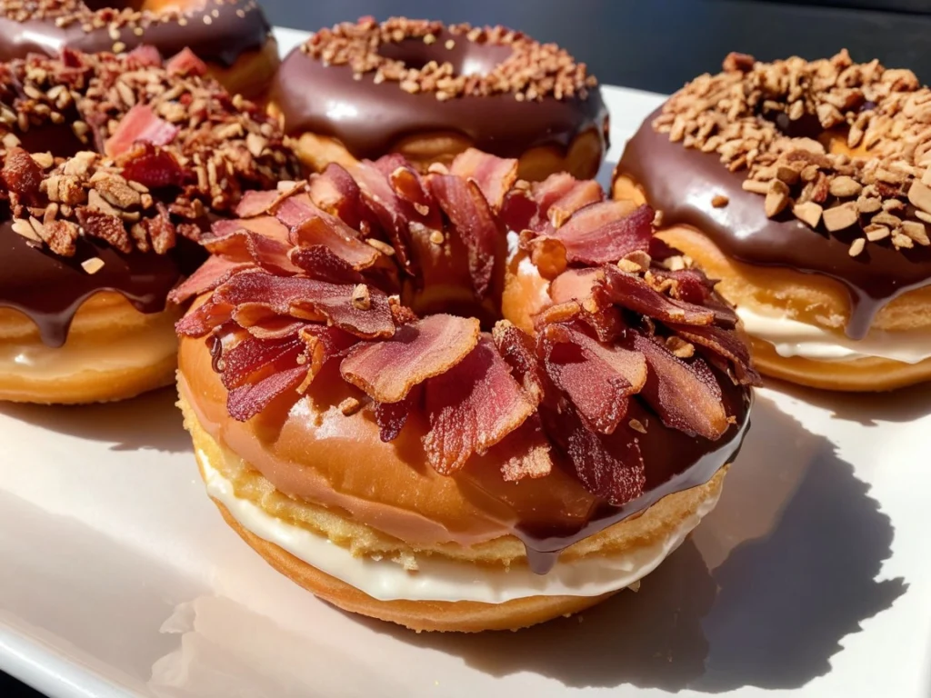 A Voodoo Donuts Bacon Maple Bar topped with crispy bacon strips on golden maple frosting