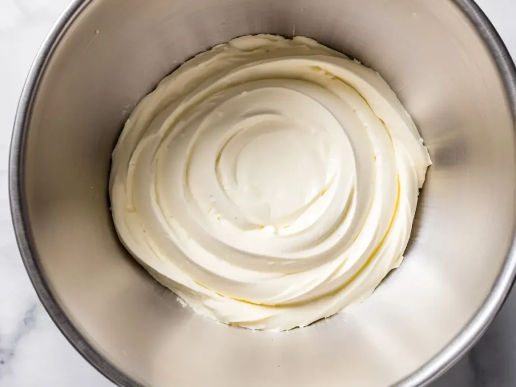 A bowl of smooth and creamy cream cheese frosting, ready for decorating