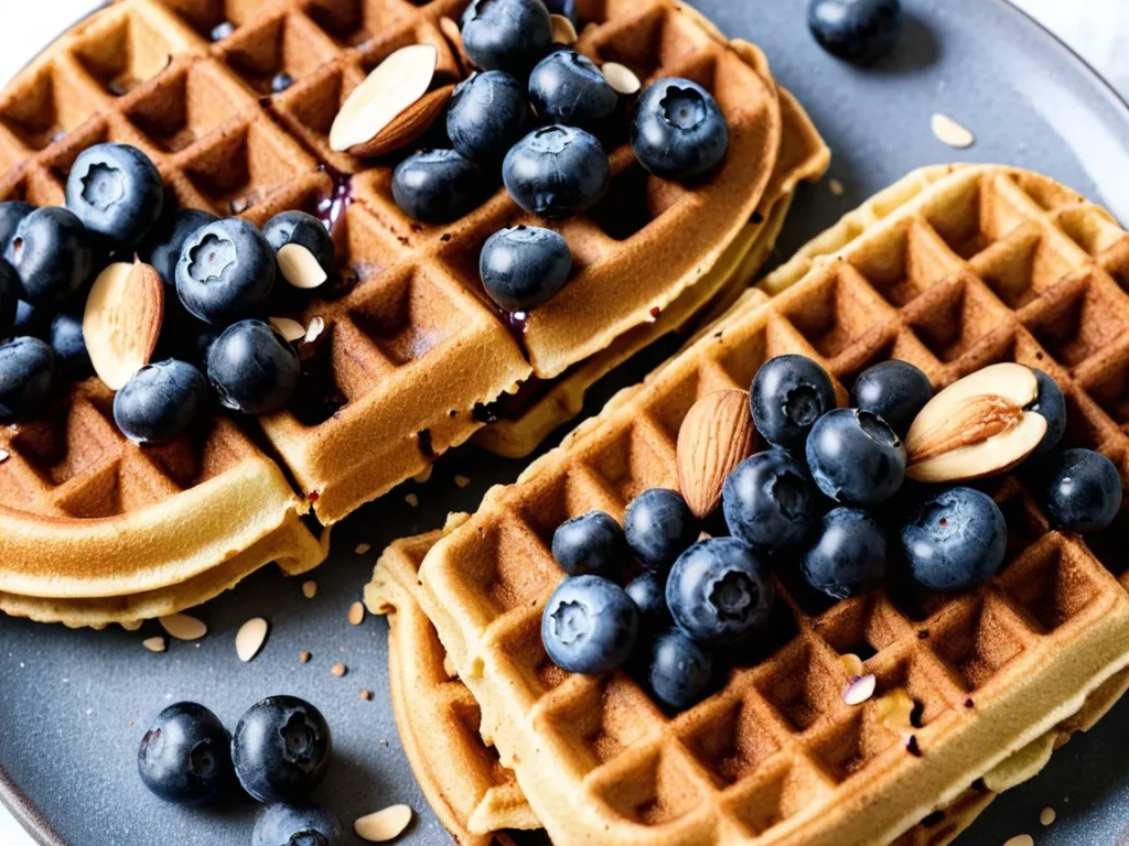 Vegan waffles topped with blueberries, almond butter, and chia seeds