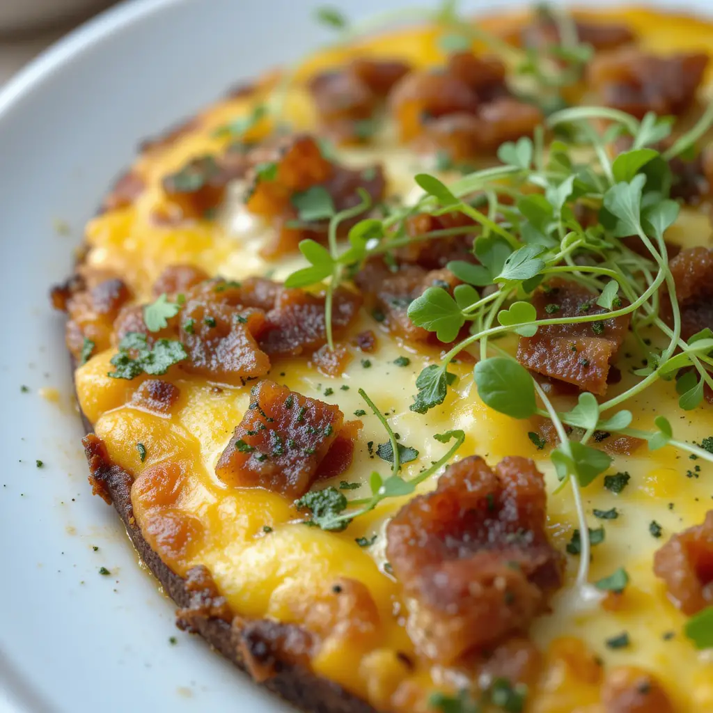 A close-up of a frittata topped with bacon, cheese, and herbs, garnished with microgreens