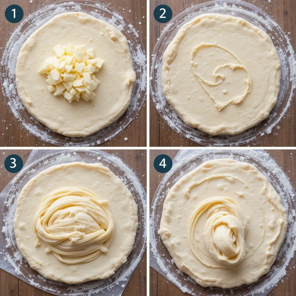 Step-by-step shot of preparing croissant dough, with layers of butter being folded into the dough