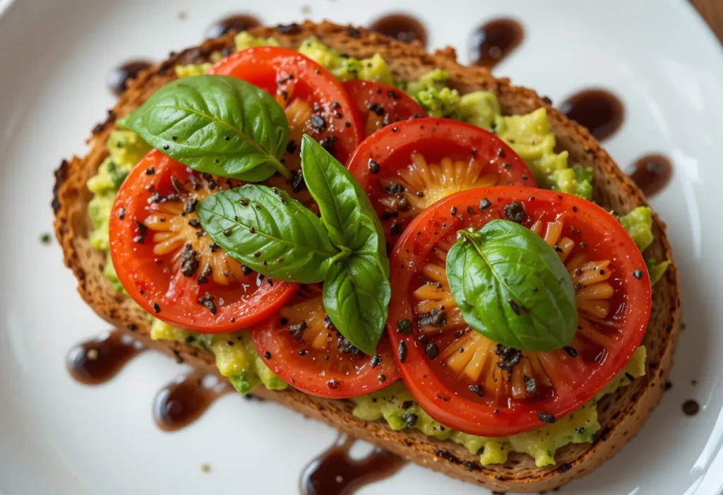 Avocado toast topped with sliced tomatoes, basil leaves, and a drizzle of balsamic glaze