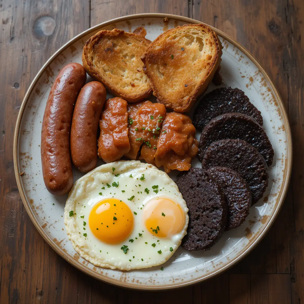 A plate of black pudding slices served with fried eggs, sausages, and toast