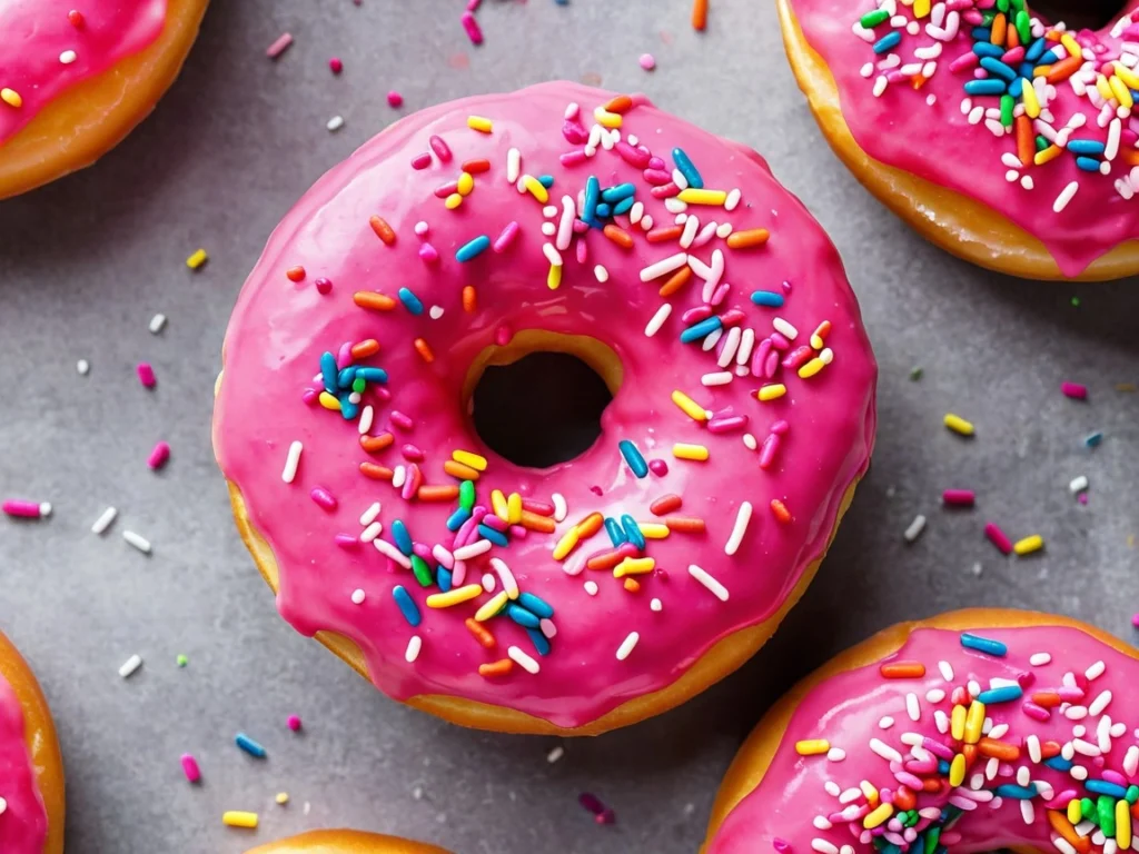 A bright pink-frosted donut from Voodoo Donuts, covered in colorful rainbow sprinkles