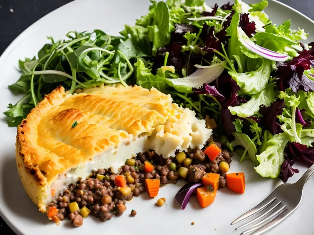 Slice of vegetarian Shepherd’s pie on a plate, served with a side salad