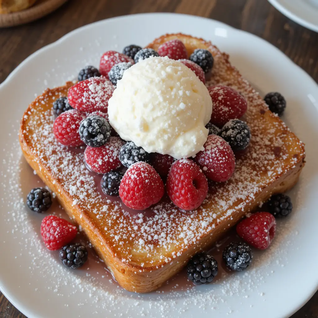 A plate of golden-brown French toast topped with powdered sugar and fresh berries