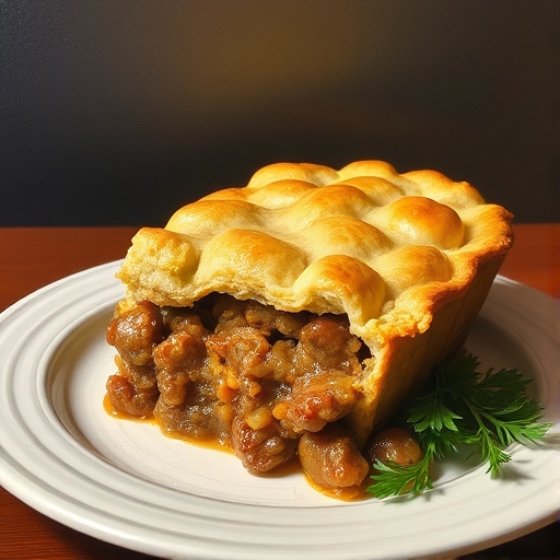 A close-up of a slice of Shepherd’s Pie revealing layers of meat, vegetables, and mashed potatoes