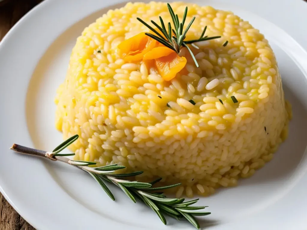 Saffron risotto served on a white plate with a sprig of rosemary on top