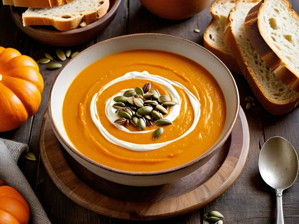 A bowl of smooth butternut squash soup with a swirl of cream and pumpkin seeds on top