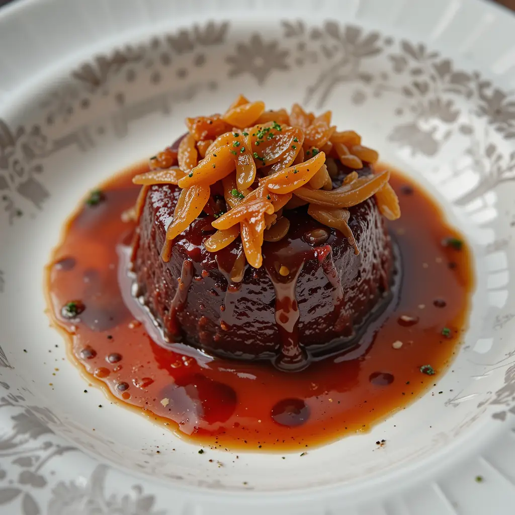 A serving of blood pudding with caramelized onions and a drizzle of gravy