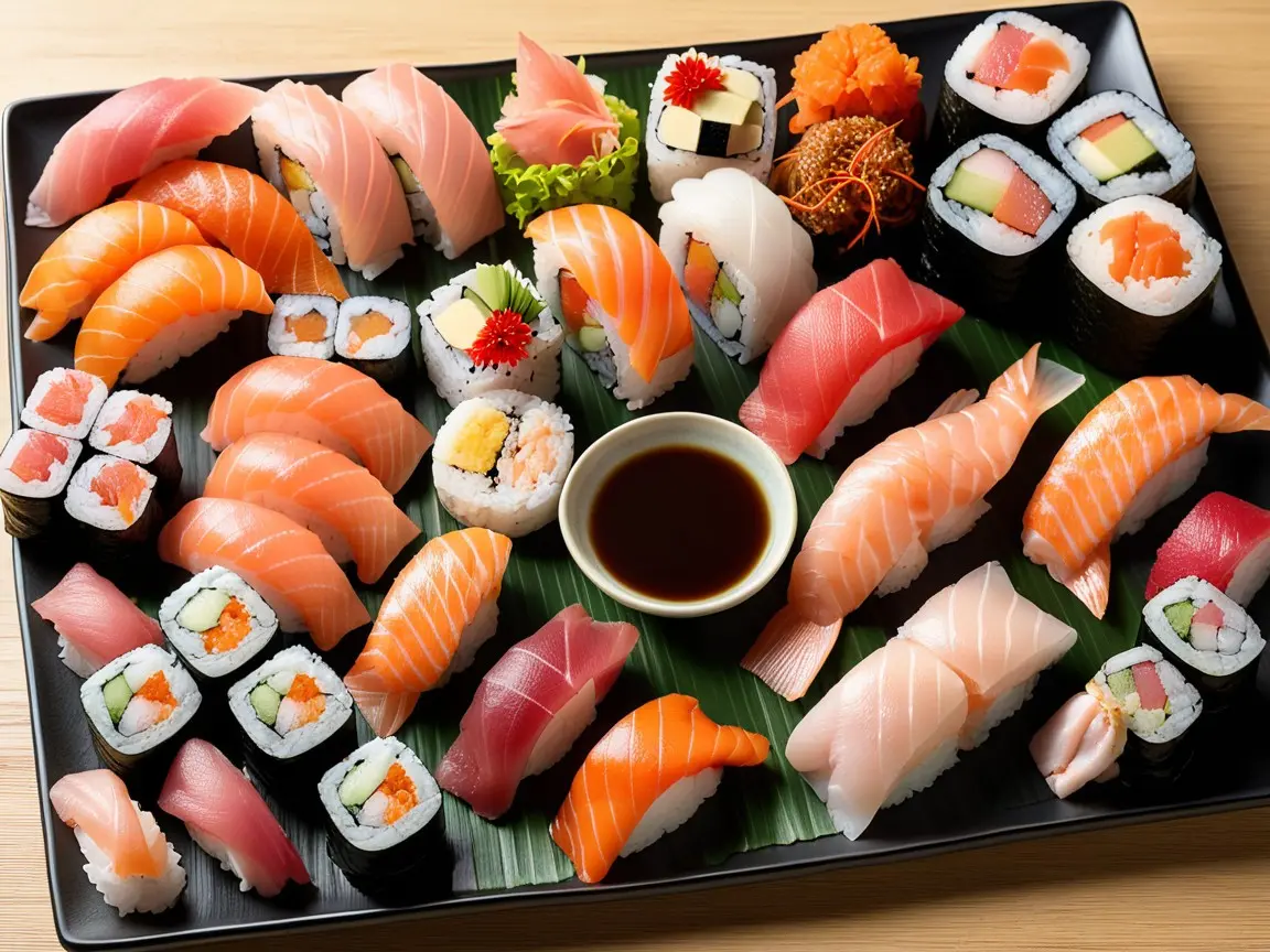 A platter of assorted sushi including nigiri, sashimi, and maki rolls