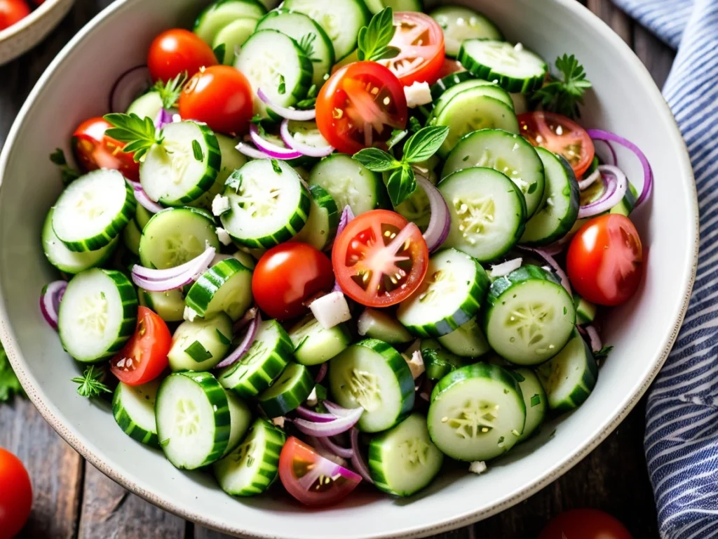 A bowl of refreshing cucumber salad with sliced cucumbers, tomatoes, red onions, and herbs