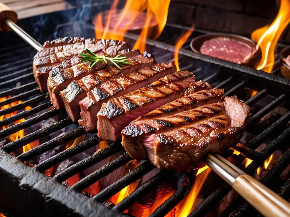 A skewer of juicy picanha steak sizzling over an open flame