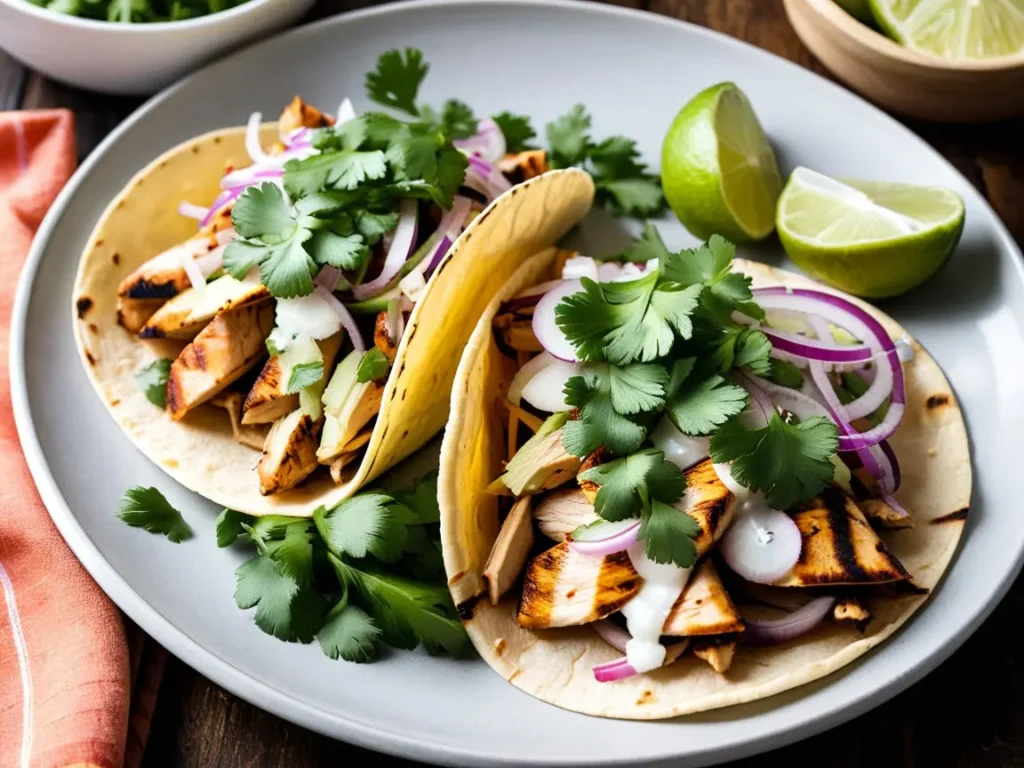 A plate of grilled chicken tacos topped with fresh cilantro, onions, and lime wedges