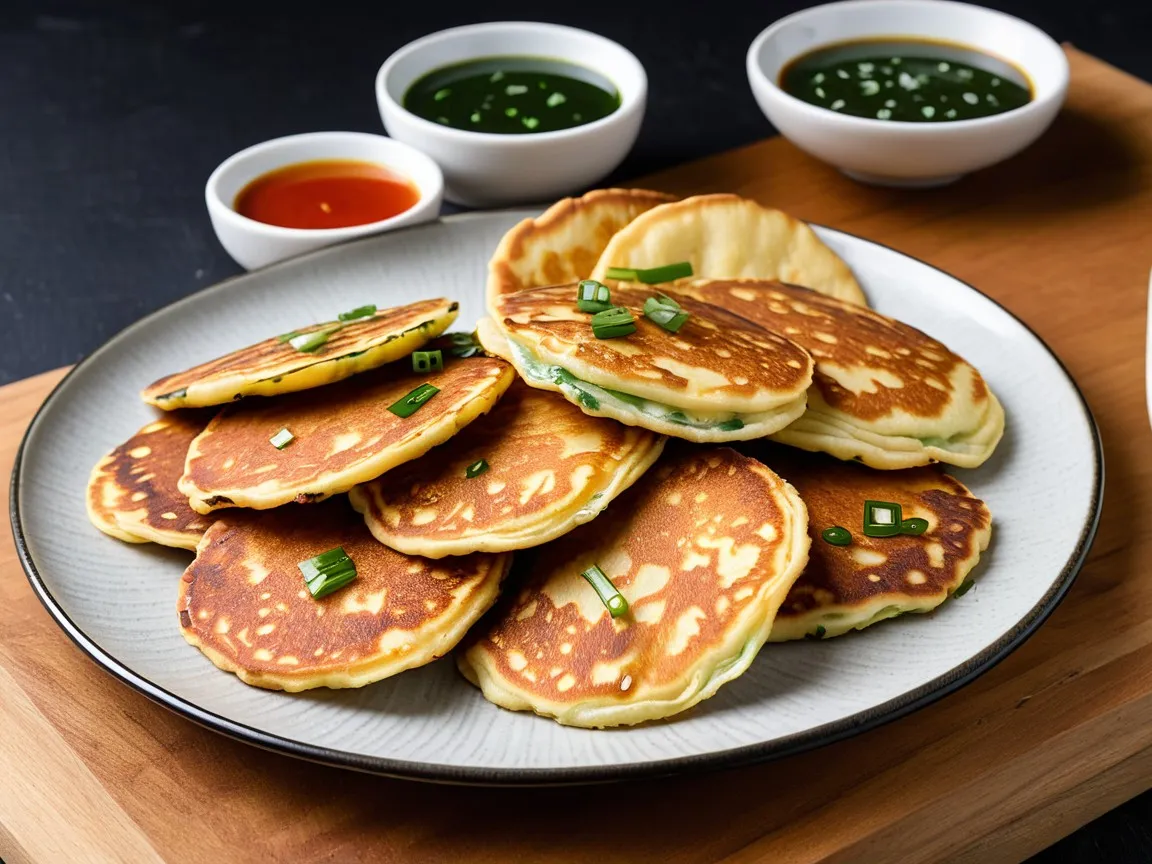 A plate of golden, crispy scallion pancakes served with dipping sauce on the side