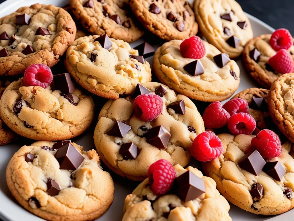 Assorted Crumbl cookies featuring flavors like chocolate chip, salted caramel, and raspberry cheesecake