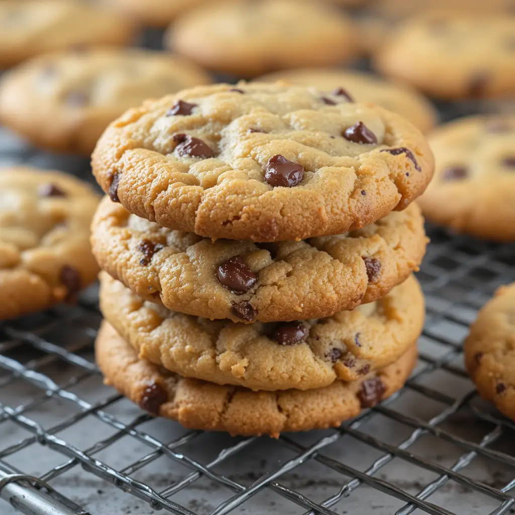 Golden, freshly baked chocolate chip cookies stacked on a cooling rack