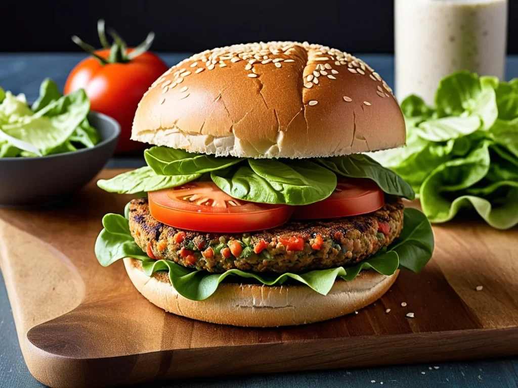 A vibrant veggie burger with fresh lettuce, tomato, and a whole-grain bun