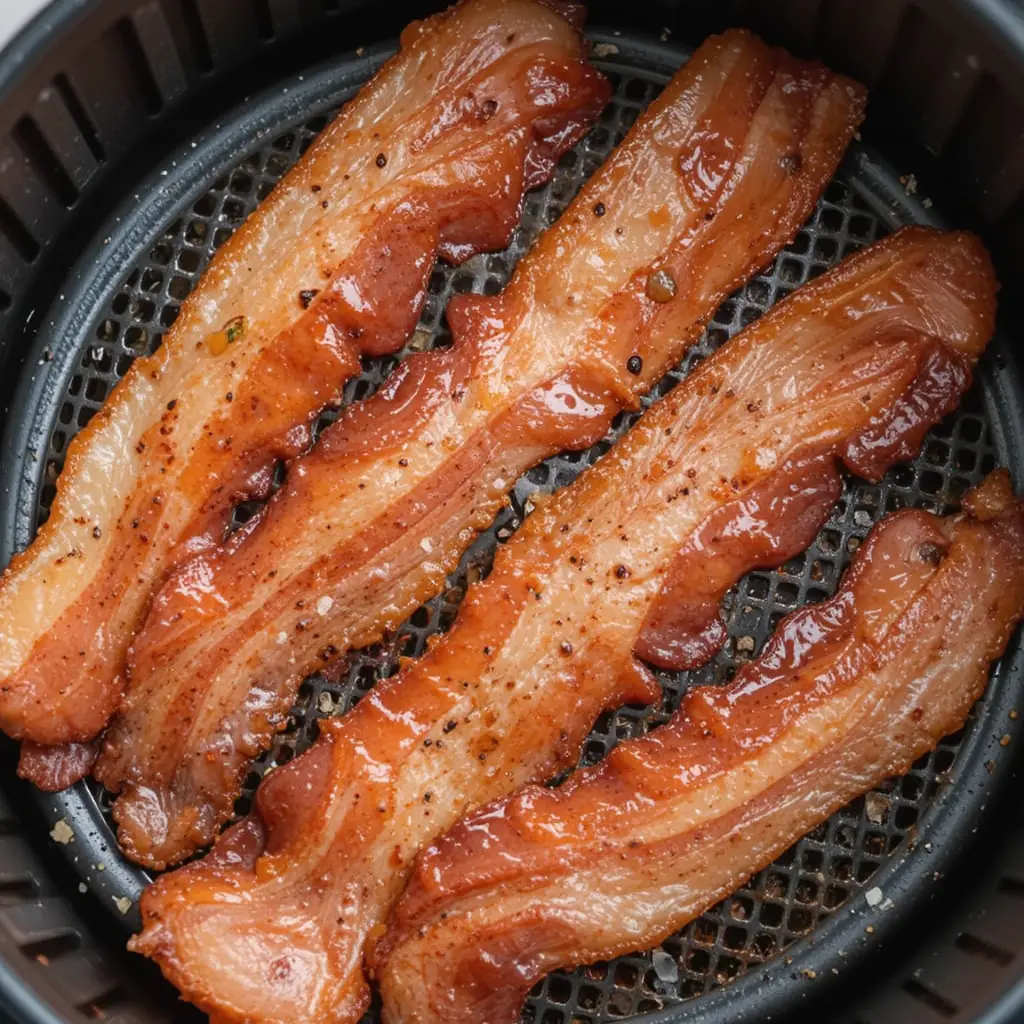 Golden crispy bacon slices cooked in an air fryer basket