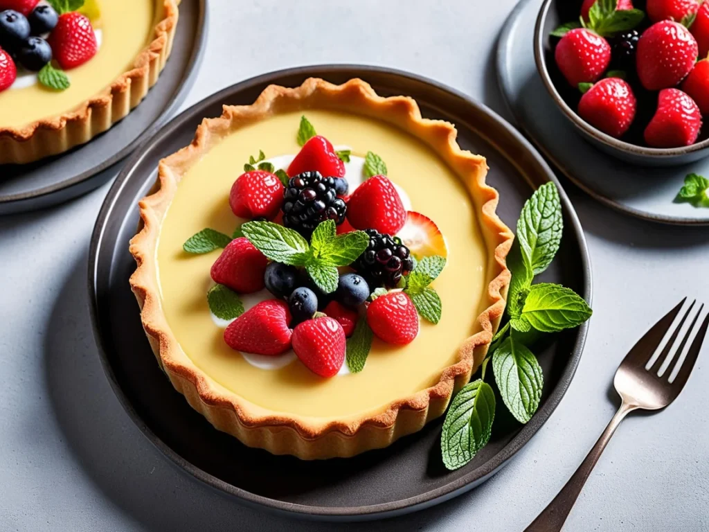 Tart filled with a rich custard and topped with fresh fruits and mint leaves