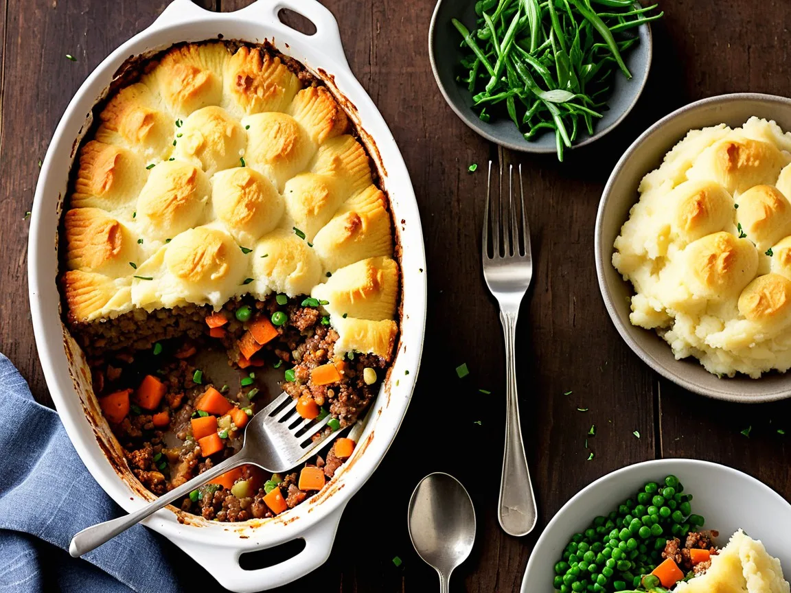 Vegetarian Shepherd’s pie with a golden mashed potato topping and savory filling