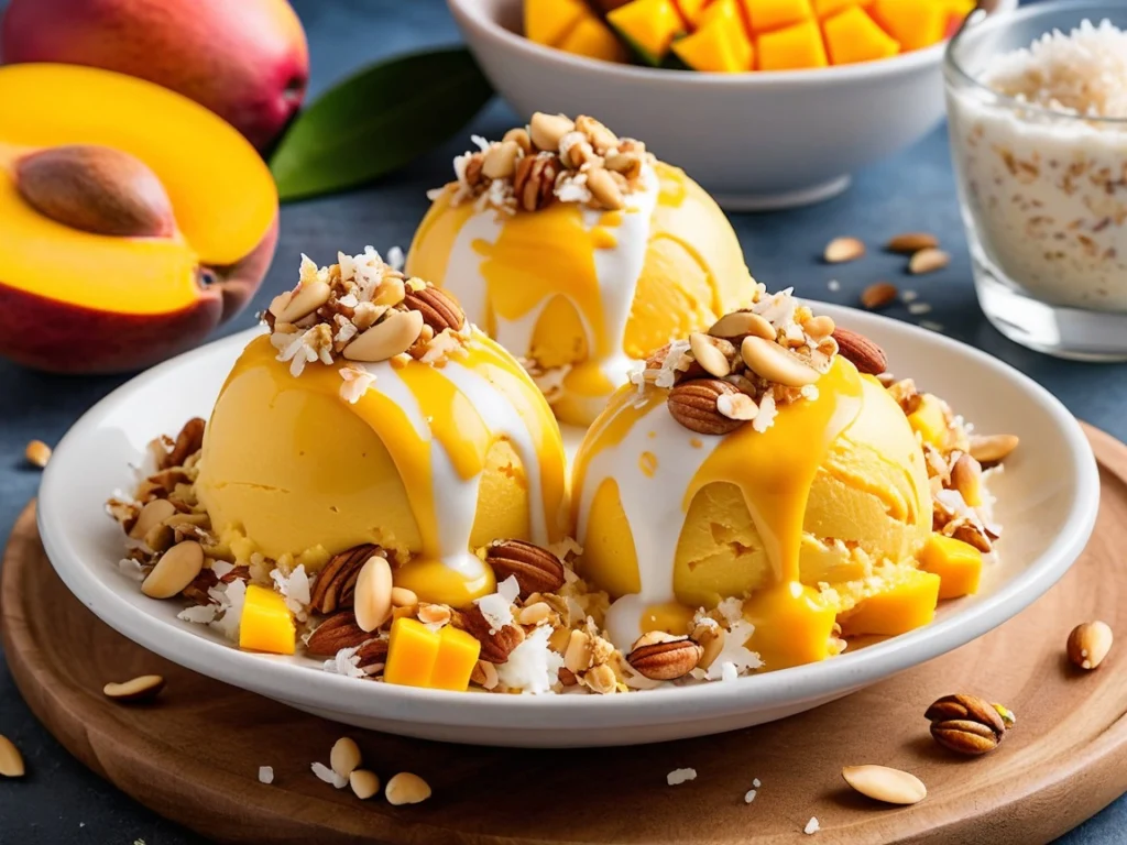 A colorful swirl of mango frozen yogurt topped with shredded coconut and chopped nuts