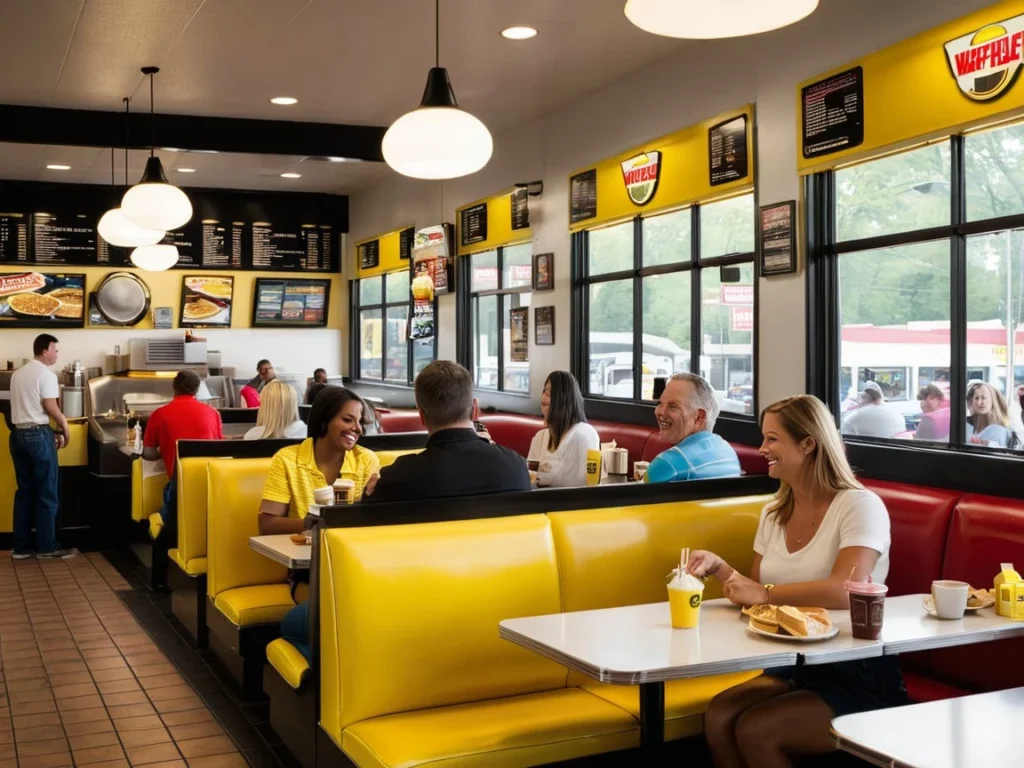 Waffle House interior with diners enjoying breakfast at booths