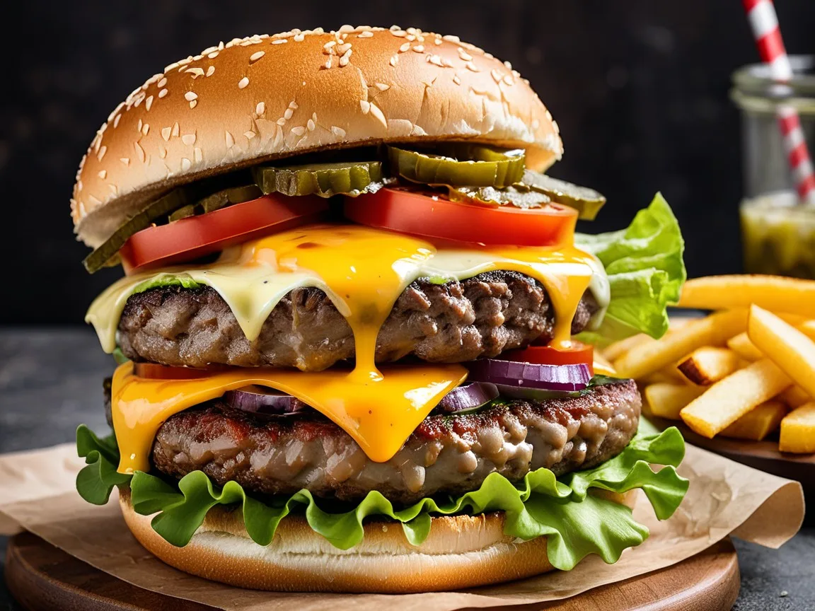 A juicy cheeseburger stacked with lettuce, tomato, pickles, and a melted cheese slice