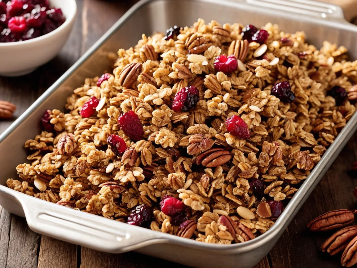 Freshly baked homemade granola with pecans and dried cranberries on a baking sheet