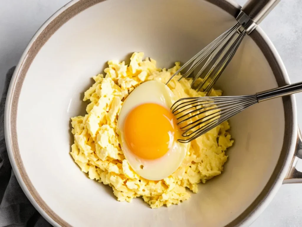 Beaten eggs in a bowl with a whisk ready to be scrambled