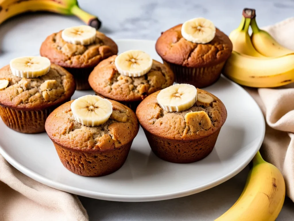 A stack of banana muffins on a plate, garnished with fresh banana slices