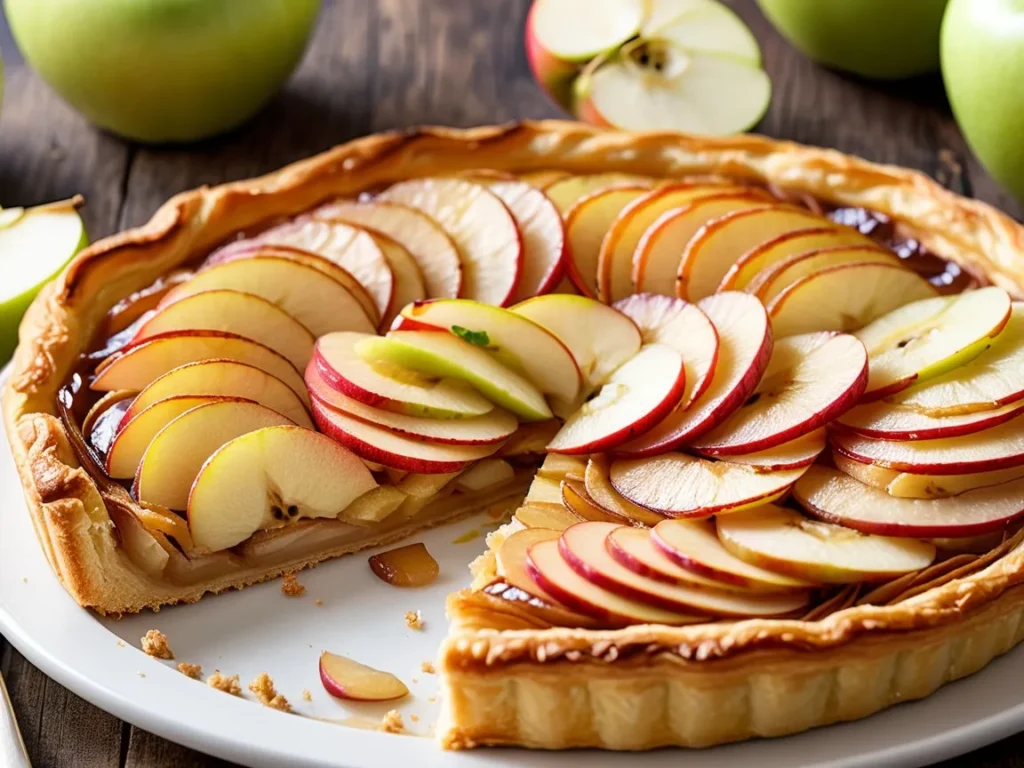 Golden-brown puff pastry apple tart topped with thinly sliced apples and a glossy glaze