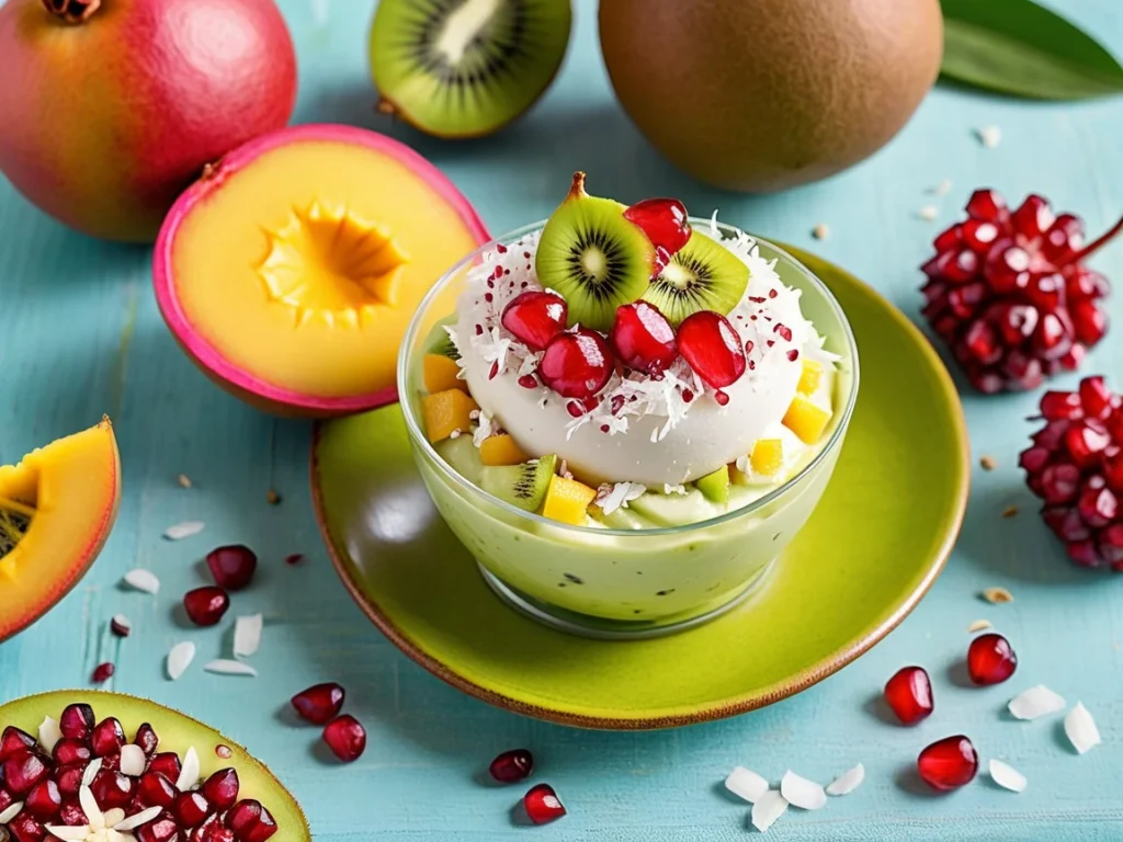 Mango Pinkberry frozen yogurt topped with kiwi, pomegranate seeds, and shredded coconut